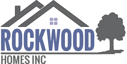 Logo of Rockwood Homes Inc. featuring a house roof design and tree silhouette next to the company's name in bold blue text, r
